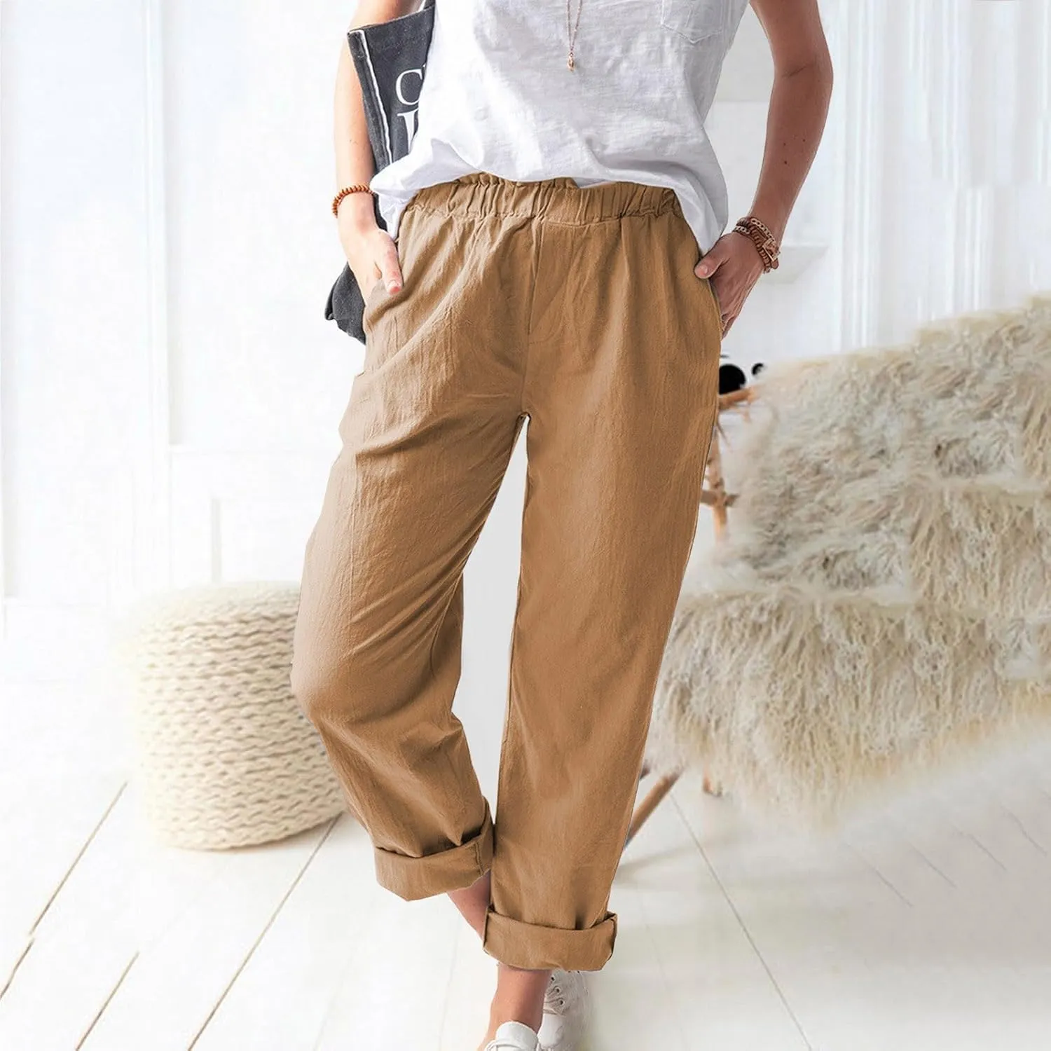 Linen Pants for Women Trendy 2024 Casual Summer Lightweight Straight Leg Pant Elastic High Waist Lounge Trousers