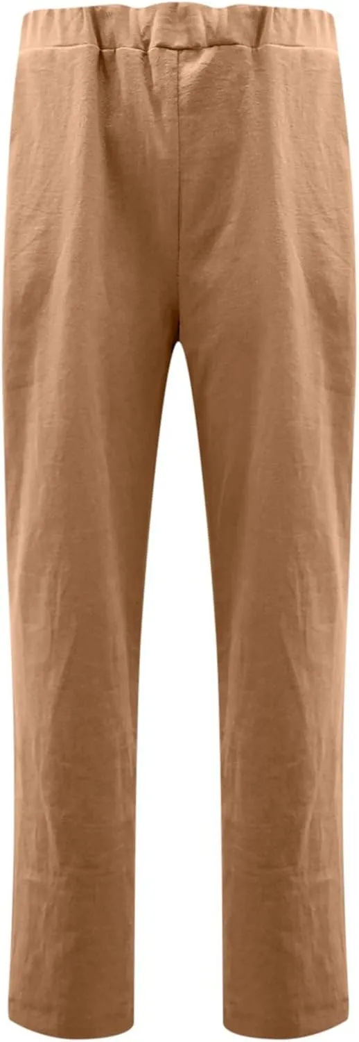 Linen Pants for Women Trendy 2024 Casual Summer Lightweight Straight Leg Pant Elastic High Waist Lounge Trousers