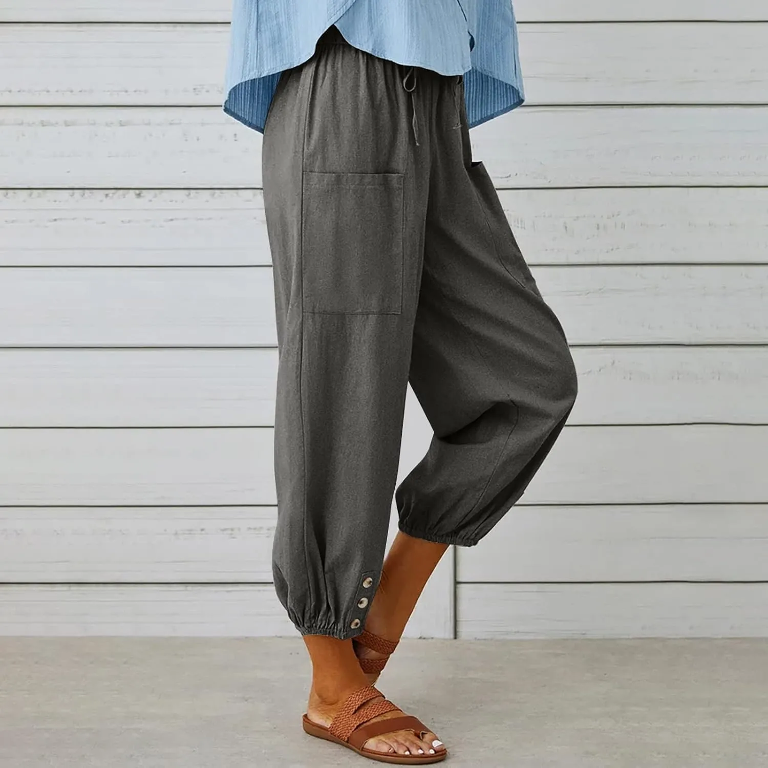Linen Pants Women Casual High Waisted Lounge Capris Soft Drawstring Loose Vacation Trousers Cotton Summer Clothes