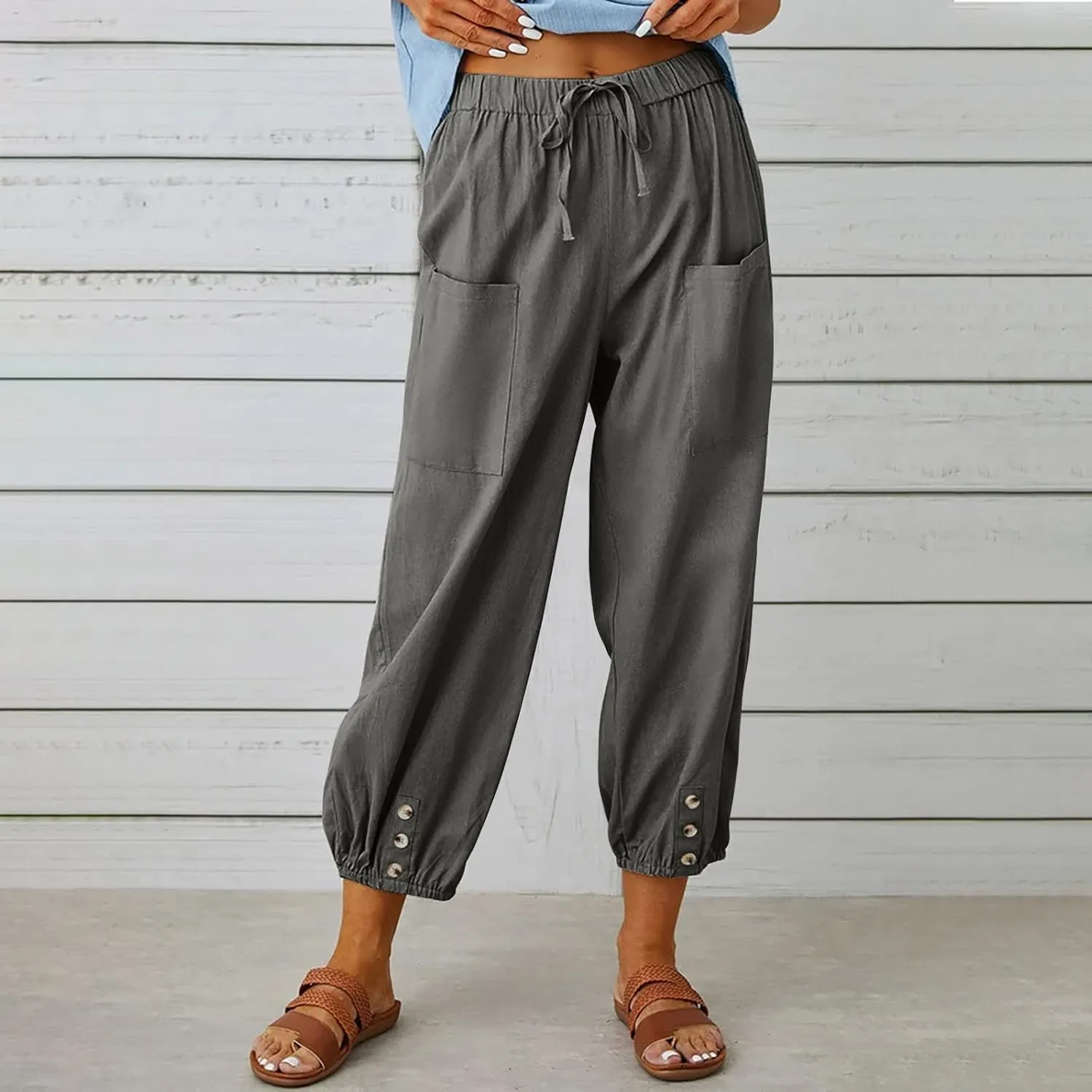 Linen Pants Women Casual High Waisted Lounge Capris Soft Drawstring Loose Vacation Trousers Cotton Summer Clothes