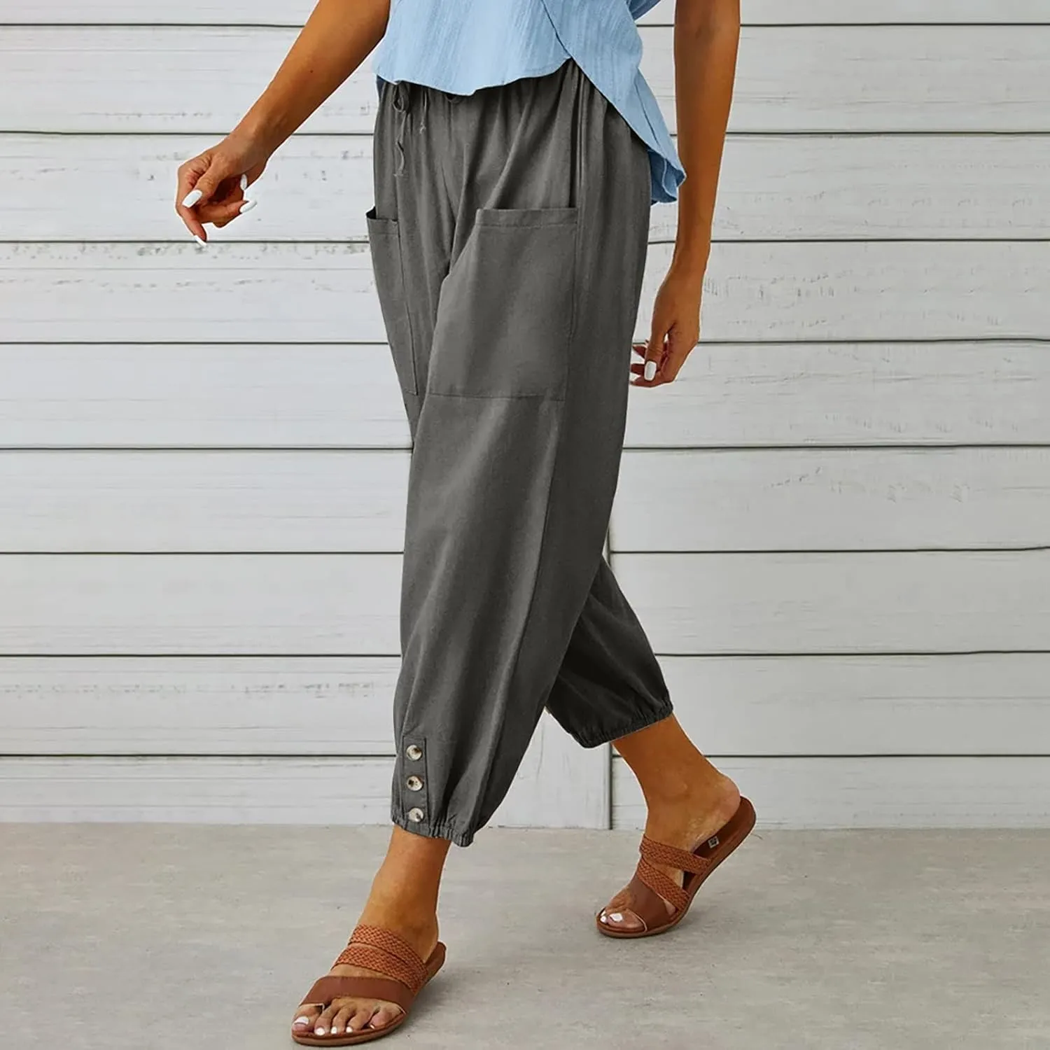 Linen Pants Women Casual High Waisted Lounge Capris Soft Drawstring Loose Vacation Trousers Cotton Summer Clothes