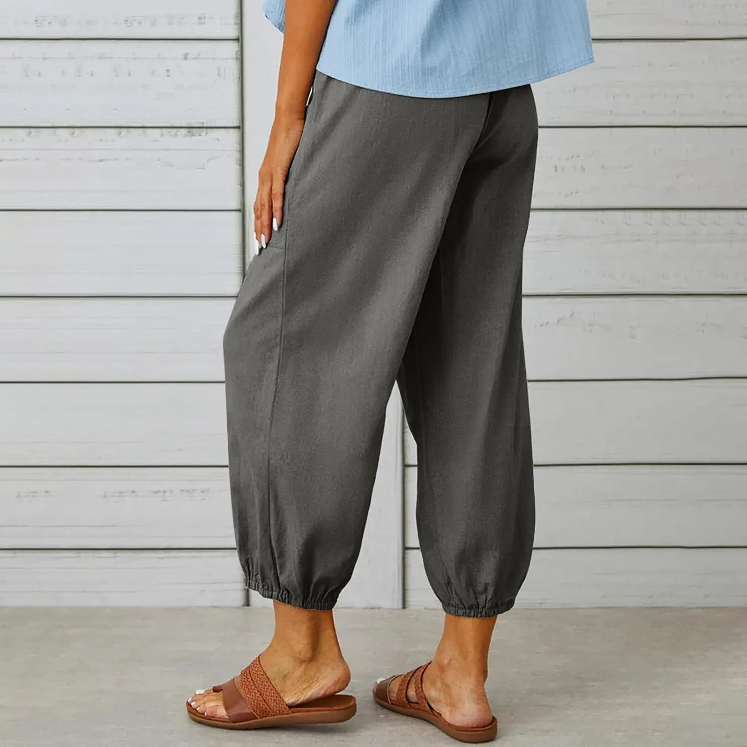 Linen Pants Women Casual High Waisted Lounge Capris Soft Drawstring Loose Vacation Trousers Cotton Summer Clothes