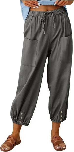 Linen Pants Women Casual High Waisted Lounge Capris Soft Drawstring Loose Vacation Trousers Cotton Summer Clothes