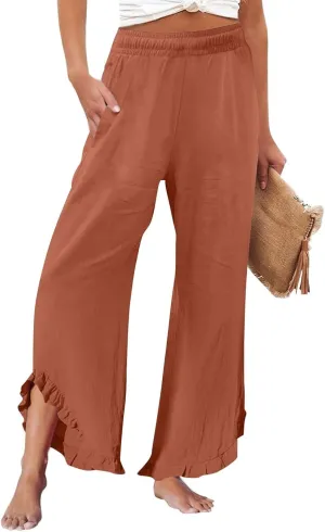 Linen Pants Women Summer Wide Leg Pants Smocked Waist Ruffle Hem Palazzo Pant Boho Flowy Beach Pant with Pockets 2025