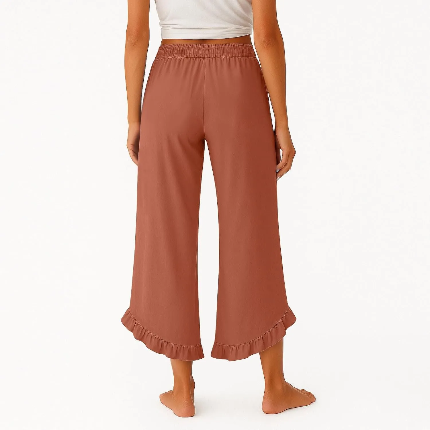 Linen Pants Women Summer Wide Leg Pants Smocked Waist Ruffle Hem Palazzo Pant Boho Flowy Beach Pant with Pockets 2025