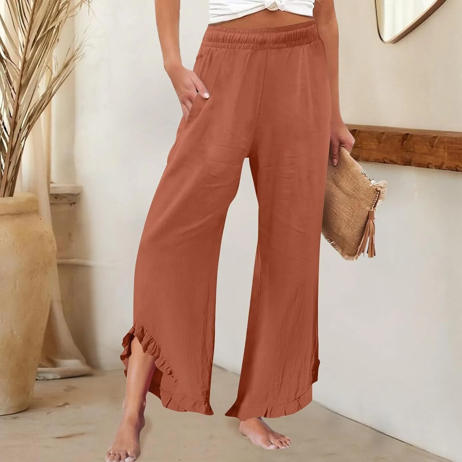 Linen Pants Women Summer Wide Leg Pants Smocked Waist Ruffle Hem Palazzo Pant Boho Flowy Beach Pant with Pockets 2025