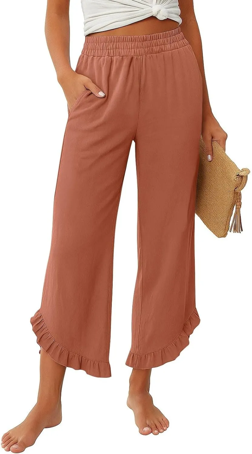 Linen Pants Women Summer Wide Leg Pants Smocked Waist Ruffle Hem Palazzo Pant Boho Flowy Beach Pant with Pockets 2025