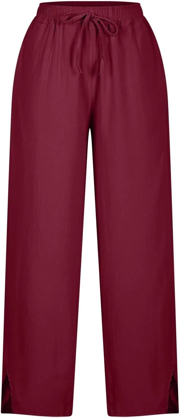 Linen Pants Women Trendy 2025 High Waisted Wide Leg Lounge Pant Drawstring Comfy Trousers Boho Beach Outfits