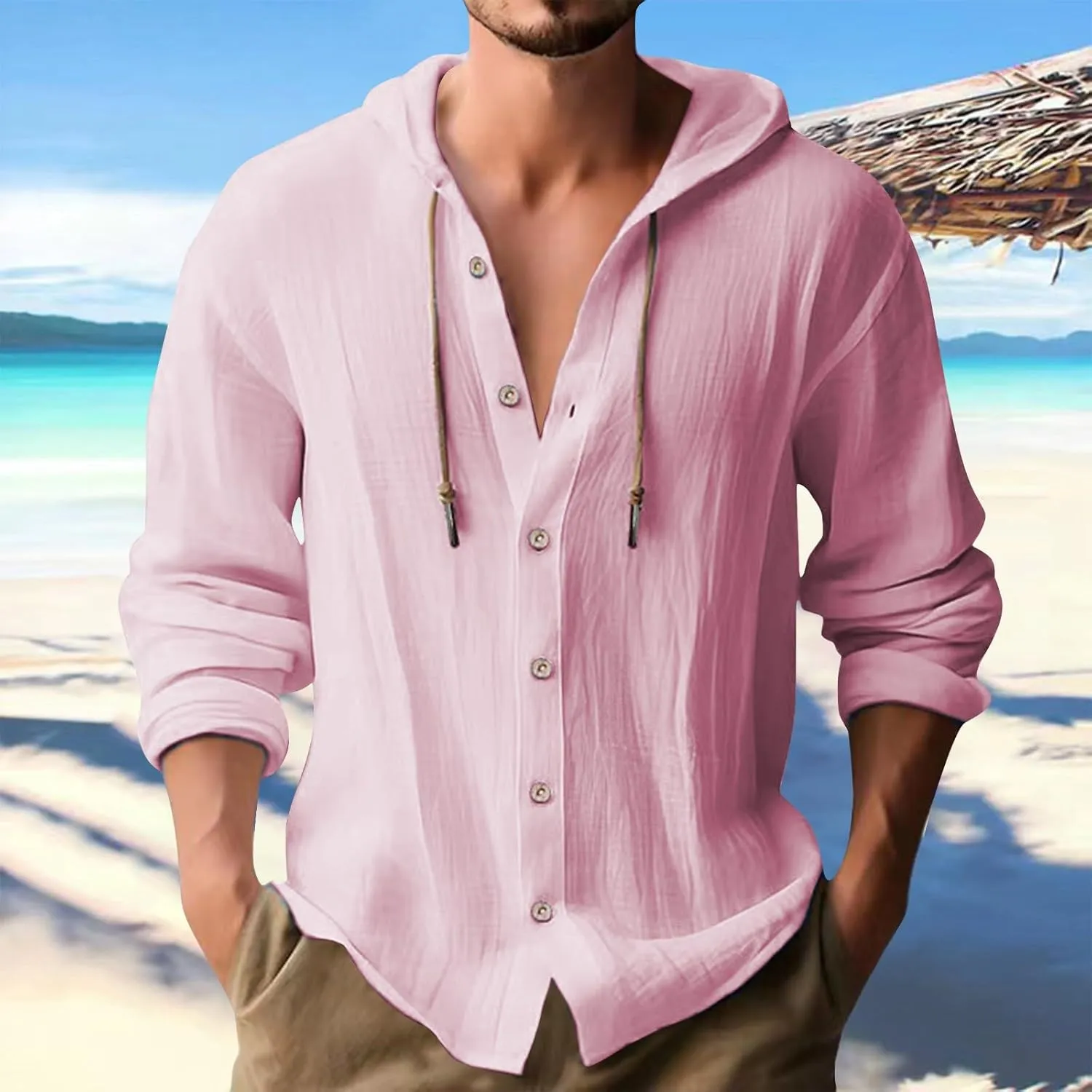 Linen Shirts for Men Casual Button Shirts Summer Cotton Linen Hoodie Beach Long Sleeve Shirts Top with Hood