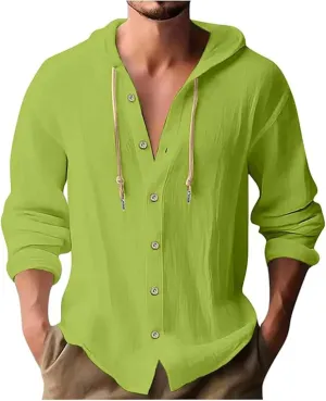 Linen Shirts for Men Casual Button Shirts Summer Cotton Linen Hoodie Beach Long Sleeve Shirts Top with Hood