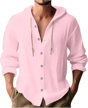 Linen Shirts for Men Casual Button Shirts Summer Cotton Linen Hoodie Beach Long Sleeve Shirts Top with Hood