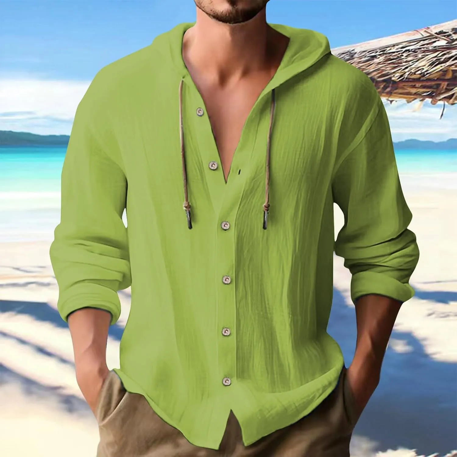 Linen Shirts for Men Casual Button Shirts Summer Cotton Linen Hoodie Beach Long Sleeve Shirts Top with Hood