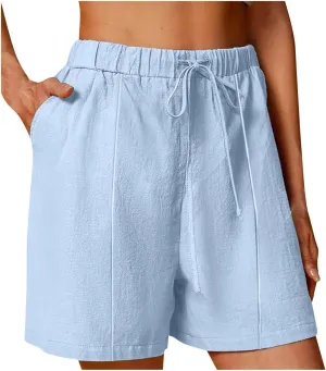 Linen Shorts for Women Drawstring Elastic High Waist Linen Shorts Casual Summer Beach Vacation Pants with Pockets