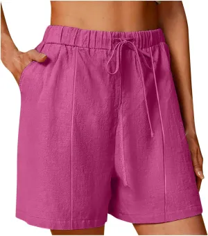 Linen Shorts for Women Drawstring Elastic High Waist Linen Shorts Casual Summer Beach Vacation Pants with Pockets