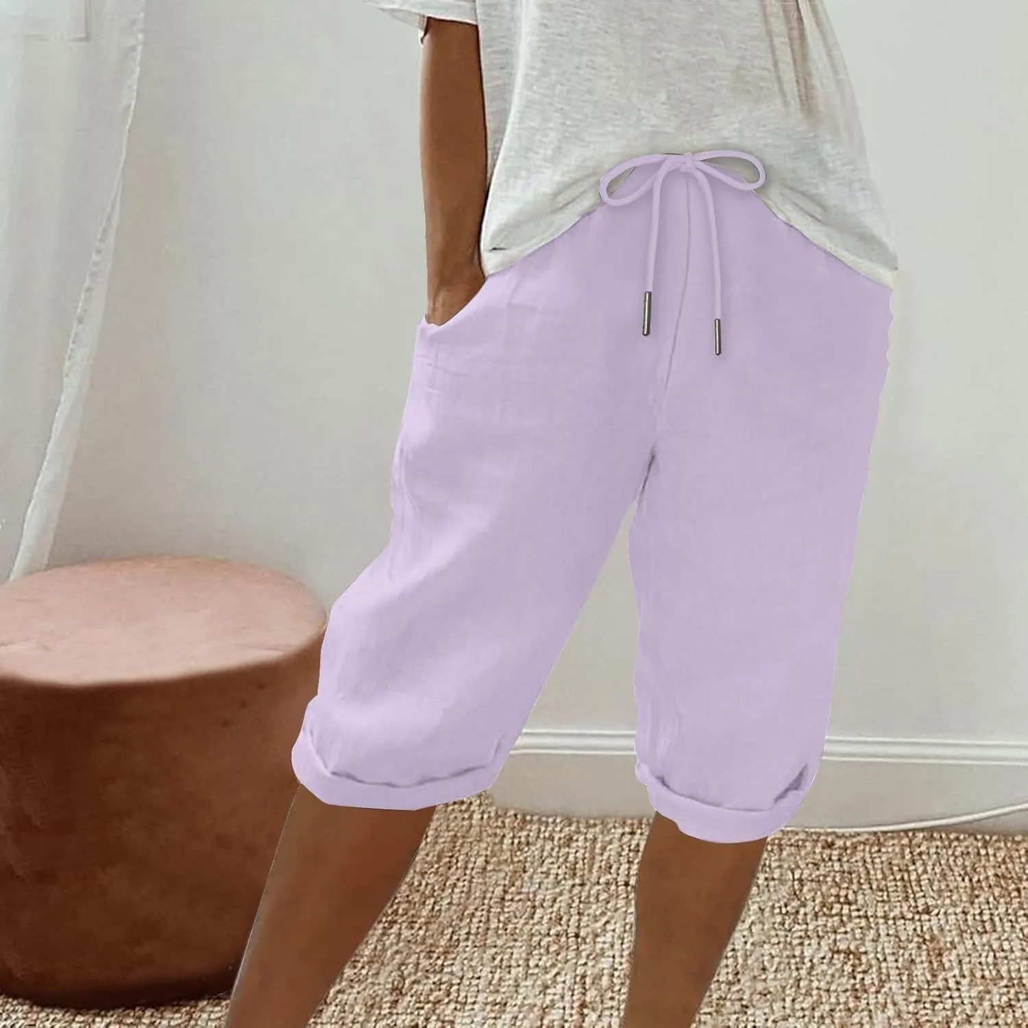 Linen Shorts for Women Knee Length Bermuda Shorts Drawstring Elastic Waist Summer Casual Gym Shorts with Pockets