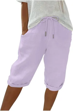 Linen Shorts for Women Knee Length Bermuda Shorts Drawstring Elastic Waist Summer Casual Gym Shorts with Pockets