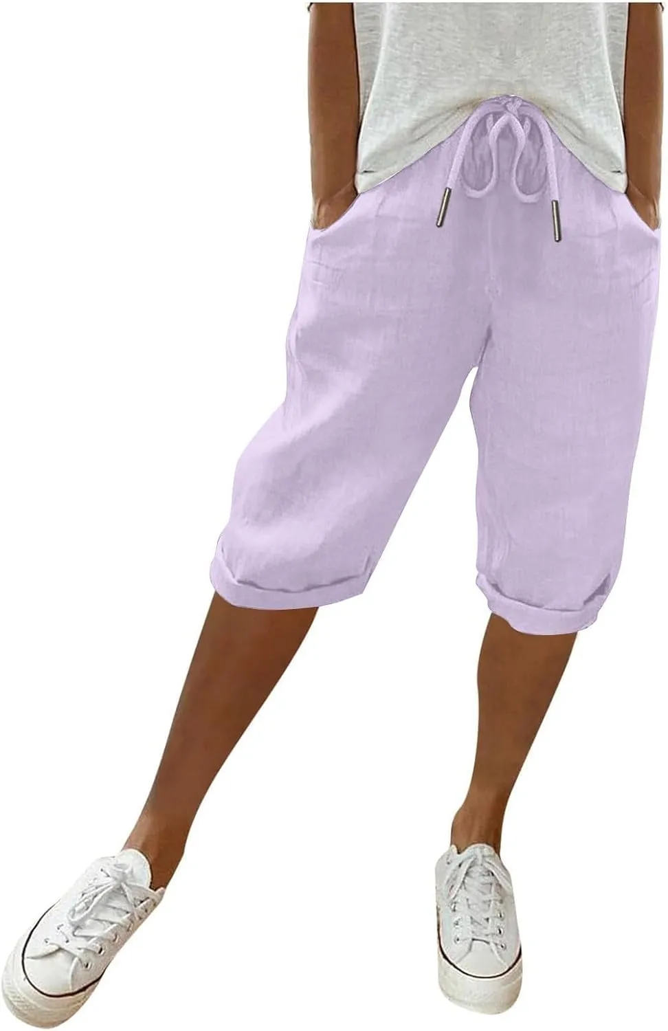 Linen Shorts for Women Knee Length Bermuda Shorts Drawstring Elastic Waist Summer Casual Gym Shorts with Pockets
