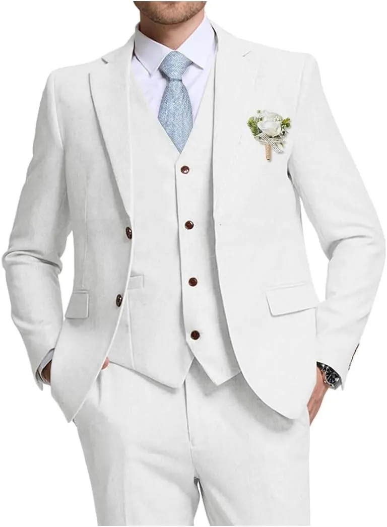 Linen Suits for Men 3 Pieces Casual Summer Beach Wedding Suit Tuxedo Groom Slim Fit Prom Jacket Blazer Vest Pant