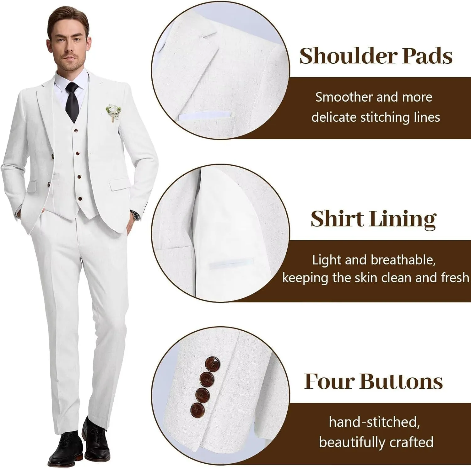 Linen Suits for Men 3 Pieces Casual Summer Beach Wedding Suit Tuxedo Groom Slim Fit Prom Jacket Blazer Vest Pant