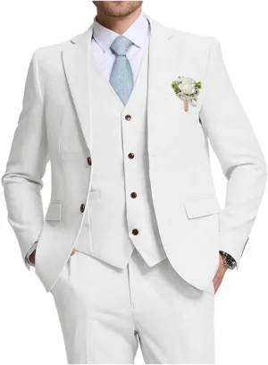 Linen Suits for Men 3 Pieces Casual Summer Beach Wedding Suit Tuxedo Groom Slim Fit Prom Jacket Blazer Vest Pant