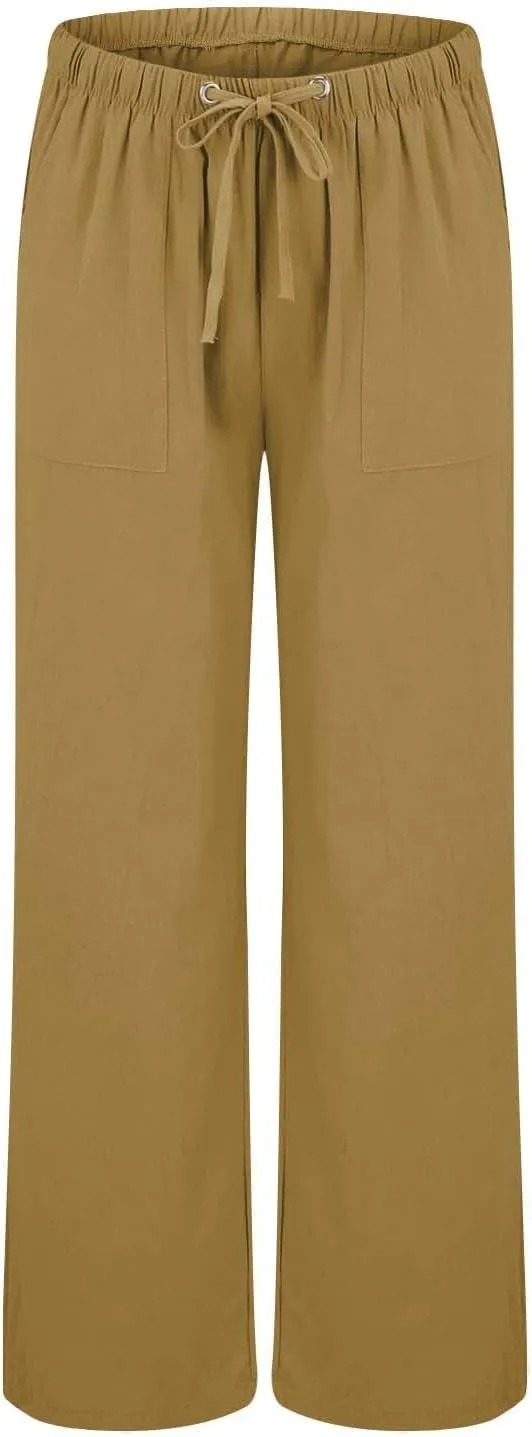 Linen Summer Pants Women Casual Elastic High Waisted Wide Leg Loose Comfy Trousers with Pockets Linen Clothing