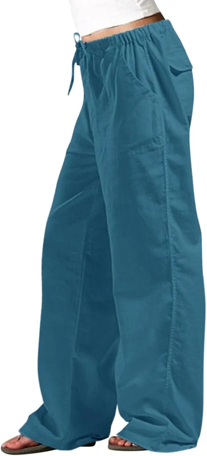 Linen Summer Pants Women Casual Elastic High Waisted Wide Leg Loose Comfy Trousers with Pockets Linen Clothing