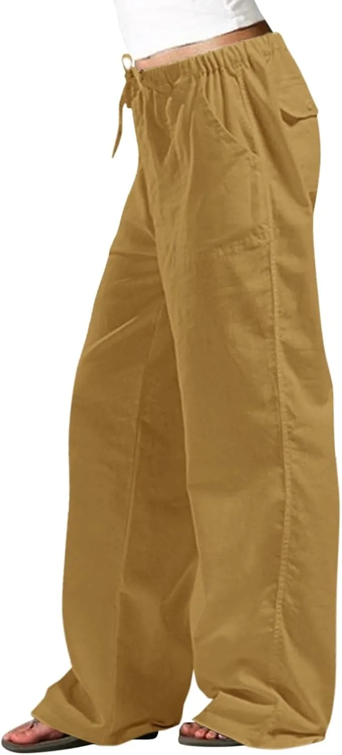 Linen Summer Pants Women Casual Elastic High Waisted Wide Leg Loose Comfy Trousers with Pockets Linen Clothing
