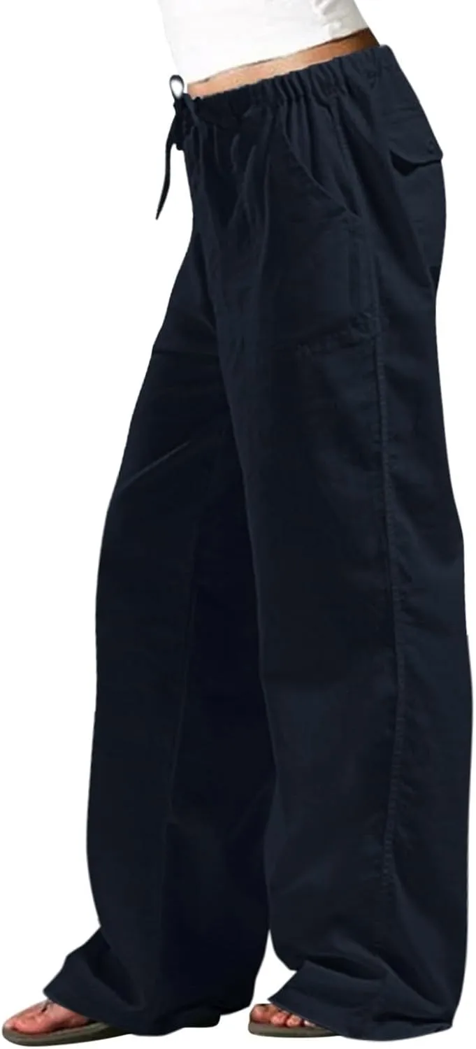Linen Summer Pants Women Casual Elastic High Waisted Wide Leg Loose Comfy Trousers with Pockets Linen Clothing