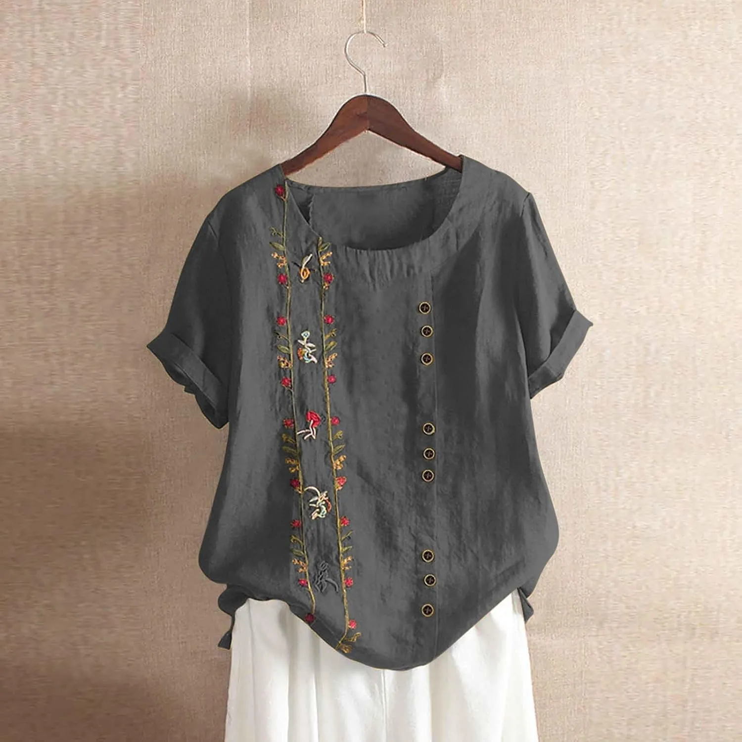 Linen Tops for Women Floral Embroidery Button Down Plus Size Tops Crew Neck Short Sleeve Cotton Blend Tee Shirts