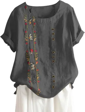 Linen Tops for Women Floral Embroidery Button Down Plus Size Tops Crew Neck Short Sleeve Cotton Blend Tee Shirts