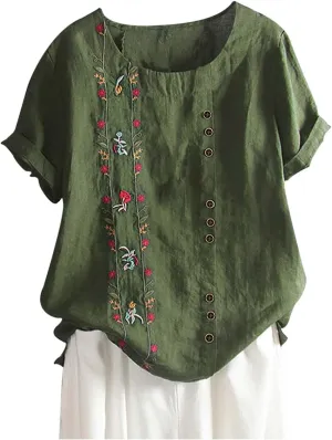 Linen Tops for Women Floral Embroidery Button Down Plus Size Tops Crew Neck Short Sleeve Cotton Blend Tee Shirts