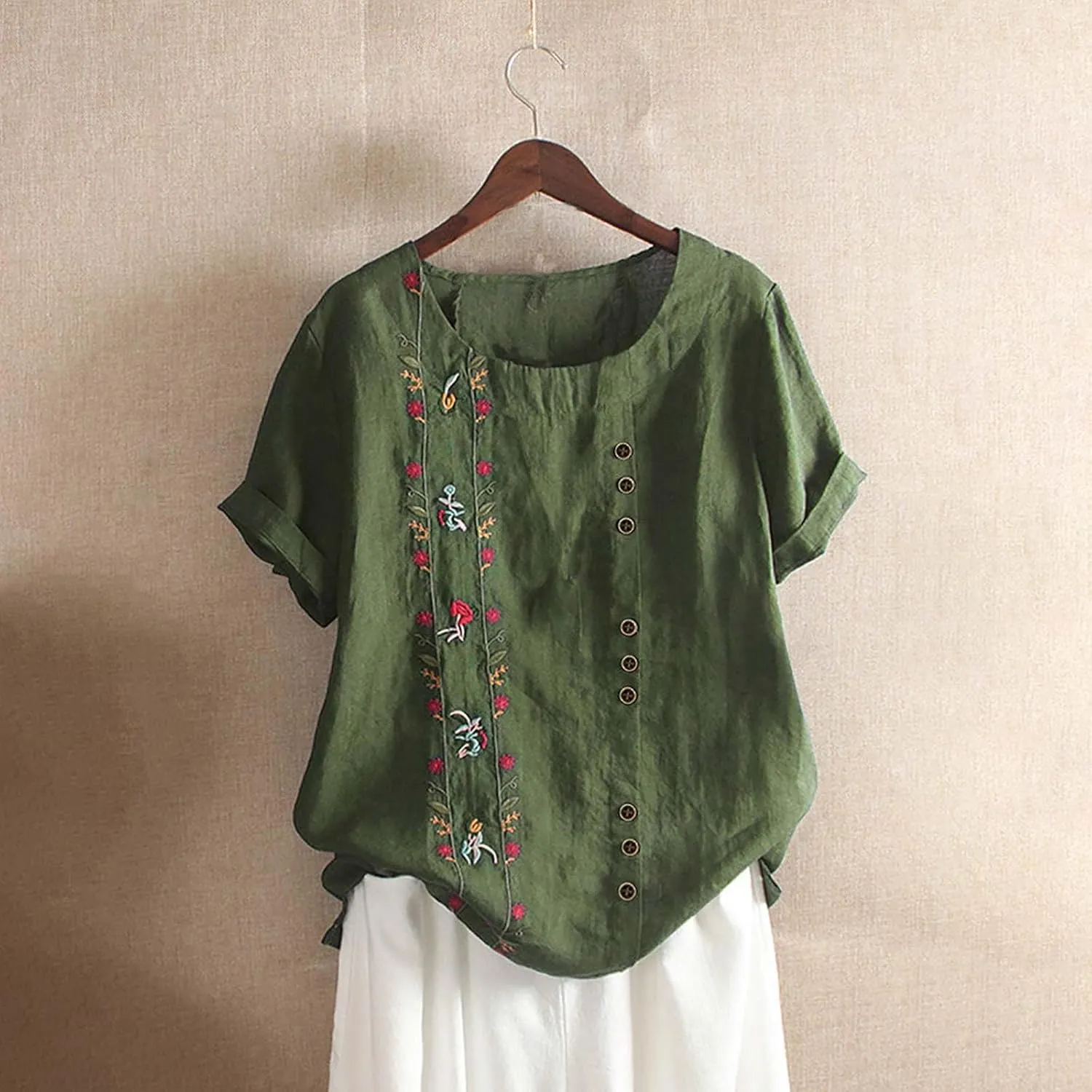 Linen Tops for Women Floral Embroidery Button Down Plus Size Tops Crew Neck Short Sleeve Cotton Blend Tee Shirts