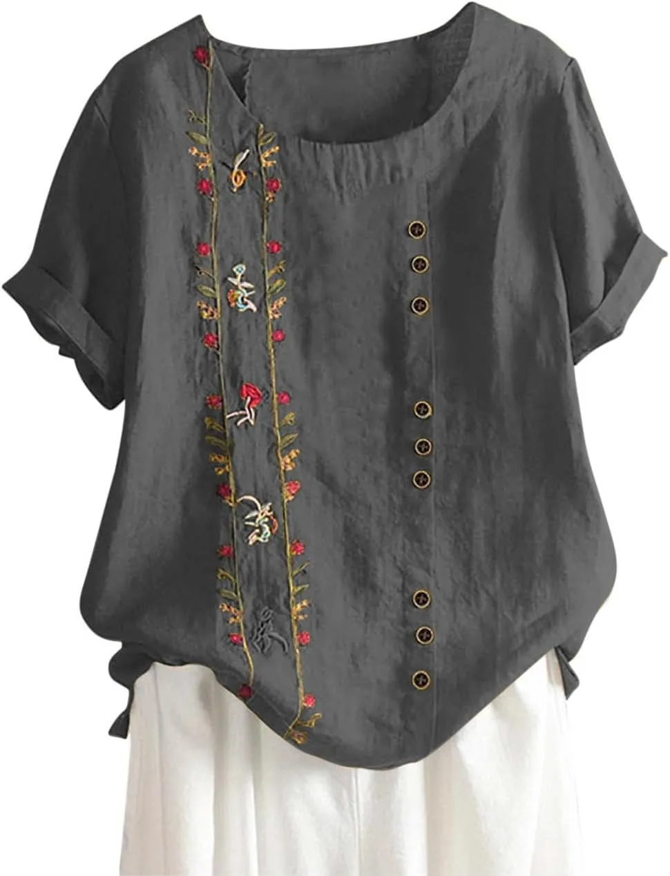 Linen Tops for Women Floral Embroidery Button Down Plus Size Tops Crew Neck Short Sleeve Cotton Blend Tee Shirts