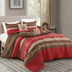 LinenTopia Luxury 7-Piece Full/Queen Comforter Set w/Shams Cushions, Modern Western Horseshoe Barbwire Stripe in Red Burgundy Choco Mocca TaupeDesigns,BedCover Bed in Bag(22283, JIERA, F/Q)