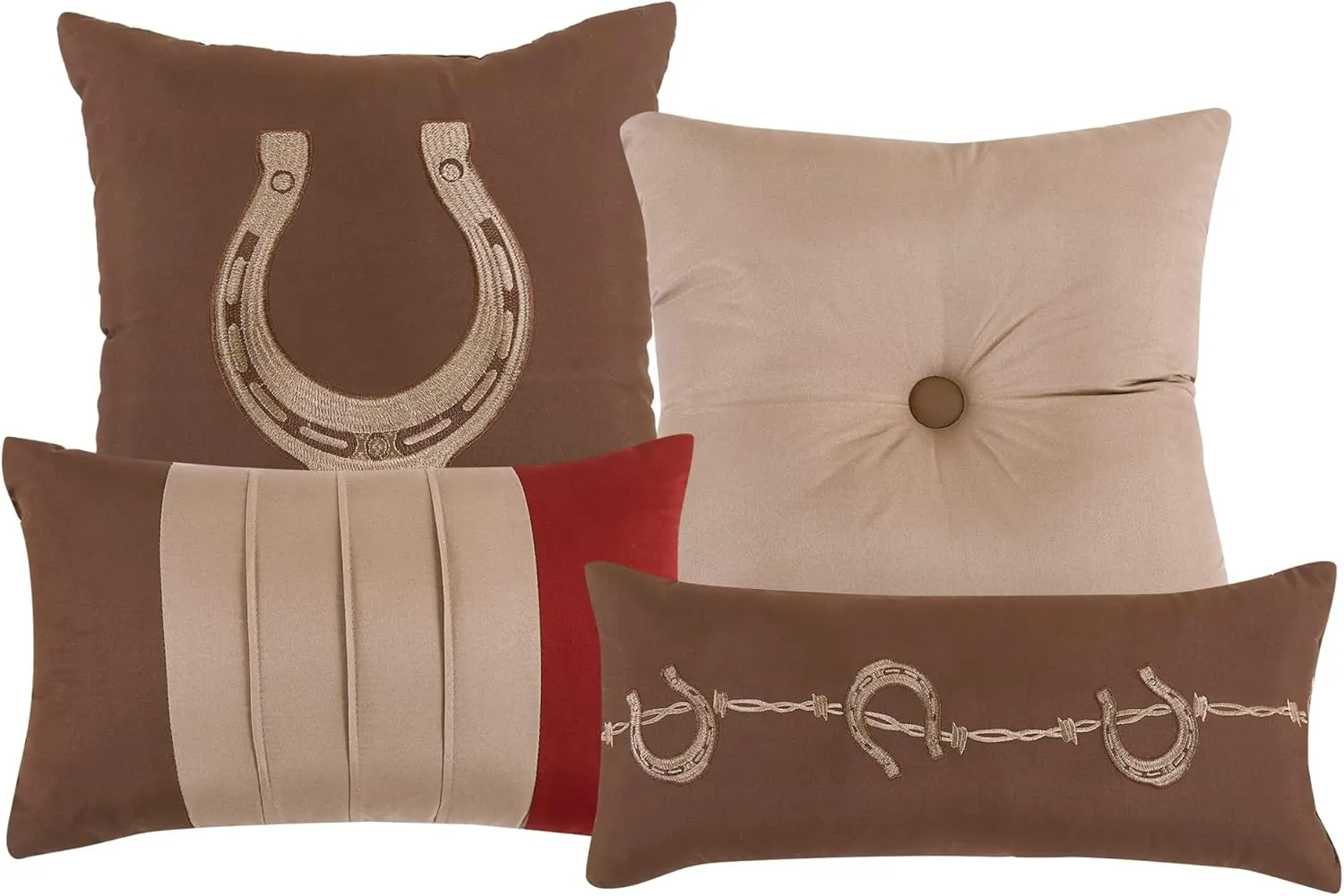 LinenTopia Luxury 7-Piece Full/Queen Comforter Set w/Shams Cushions, Modern Western Horseshoe Barbwire Stripe in Red Burgundy Choco Mocca TaupeDesigns,BedCover Bed in Bag(22283, JIERA, F/Q)