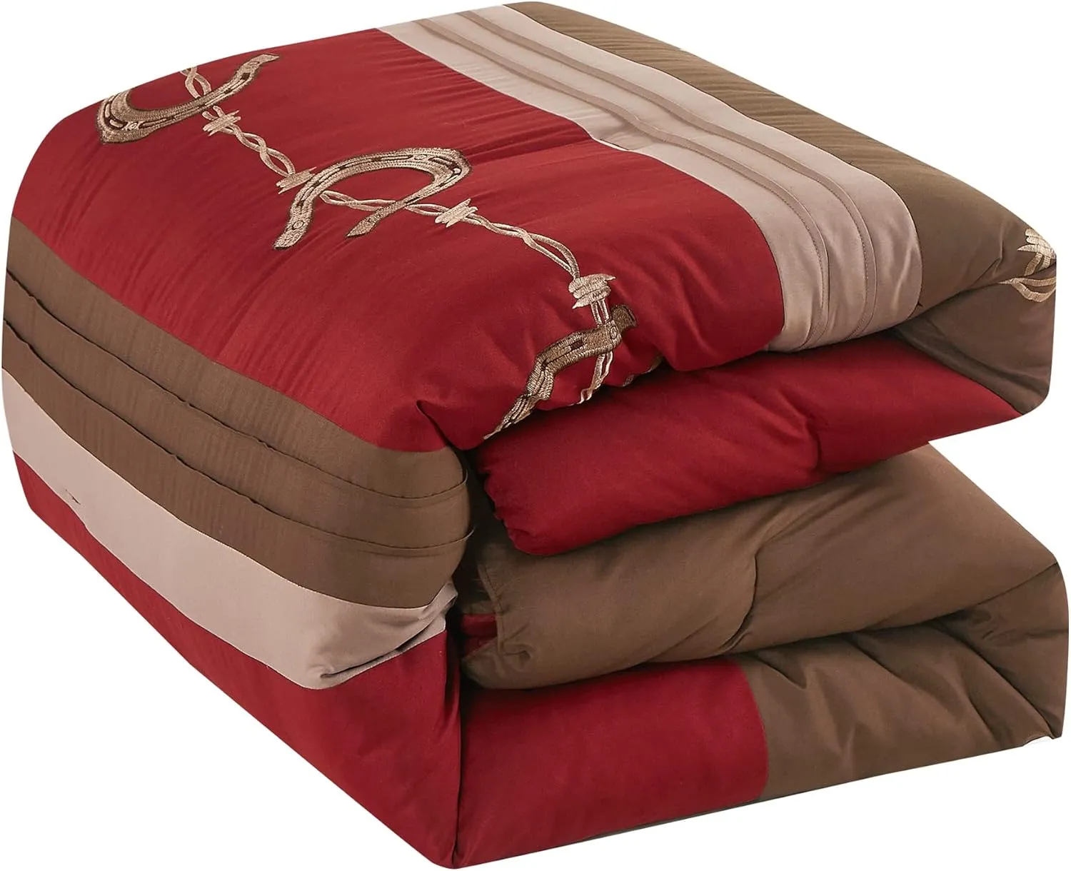 LinenTopia Luxury 7-Piece Full/Queen Comforter Set w/Shams Cushions, Modern Western Horseshoe Barbwire Stripe in Red Burgundy Choco Mocca TaupeDesigns,BedCover Bed in Bag(22283, JIERA, F/Q)
