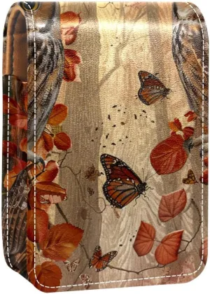 Lipstick Case,Leather Lip Gloss Lipstick Organizer with Mirror,Mini Lipstick Holder Bag,Vintage Forest Owl Butterfly
