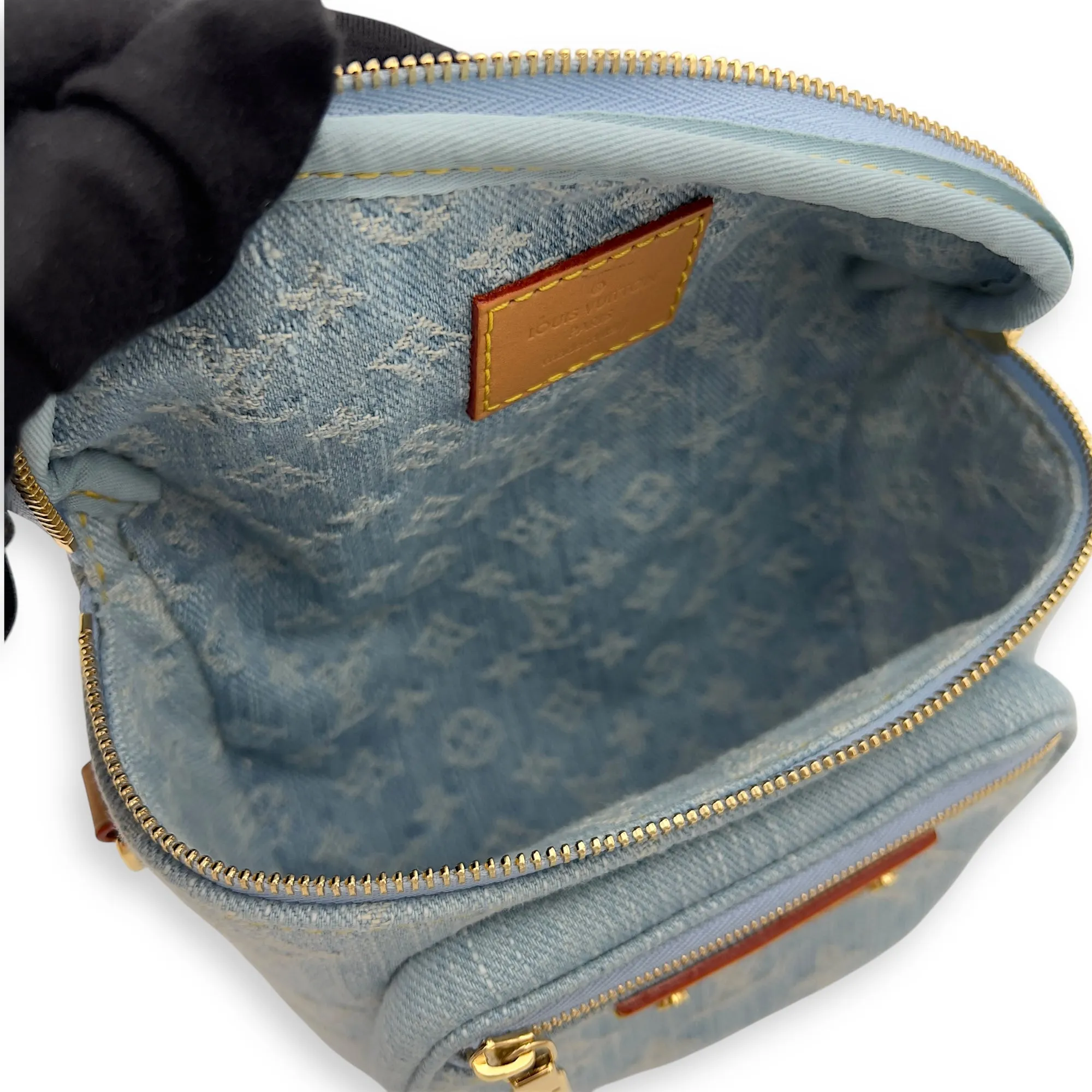 Logo Belt Bag Blue in Denim, Gold hardware
