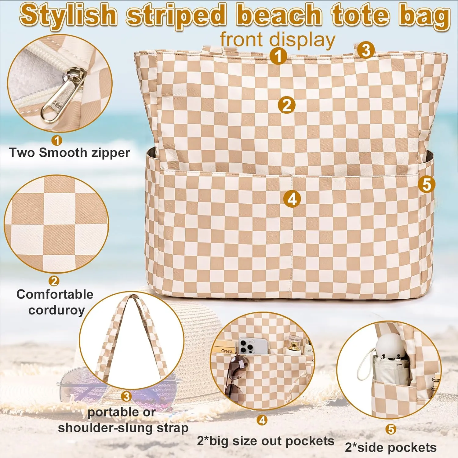 LOIDOU Large Tote Beach Bag Waterproof Sandproof Beach Pool bag with Zipper & Wet Pockets Shoulder Bag Travel Teacher Grocery