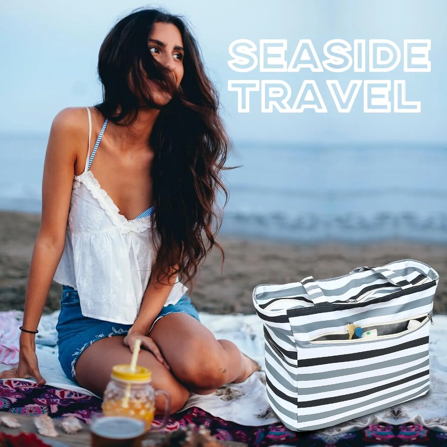 LOIDOU Large Tote Beach Bag Waterproof Sandproof Beach Pool bag with Zipper & Wet Pockets Shoulder Bag Travel Teacher Grocery