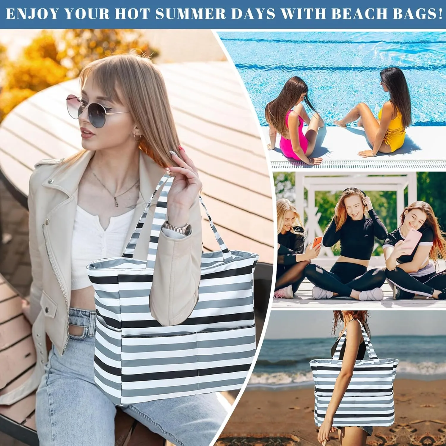 LOIDOU Large Tote Beach Bag Waterproof Sandproof Beach Pool bag with Zipper & Wet Pockets Shoulder Bag Travel Teacher Grocery