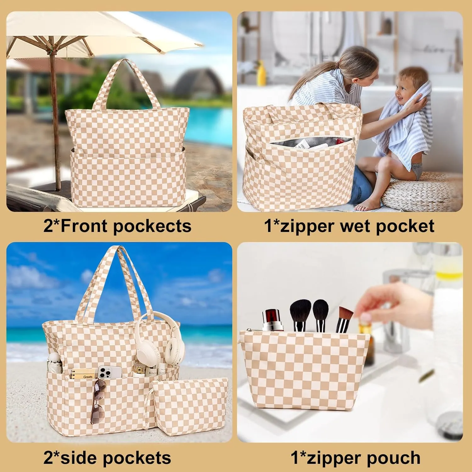 LOIDOU Large Tote Beach Bag Waterproof Sandproof Beach Pool bag with Zipper & Wet Pockets Shoulder Bag Travel Teacher Grocery