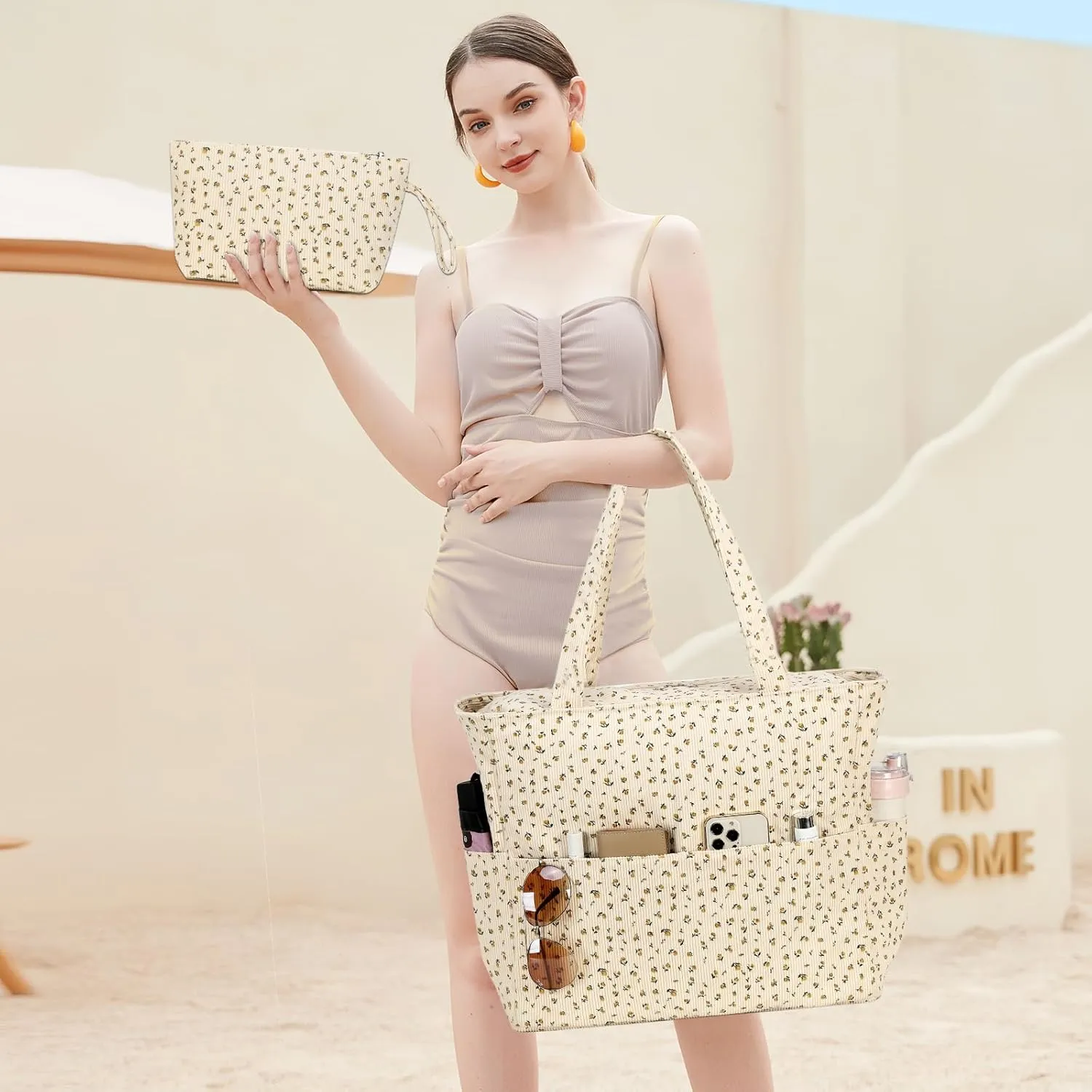 LOIDOU Large Tote Beach Bag Waterproof Sandproof Beach Pool bag with Zipper & Wet Pockets Shoulder Bag Travel Teacher Grocery