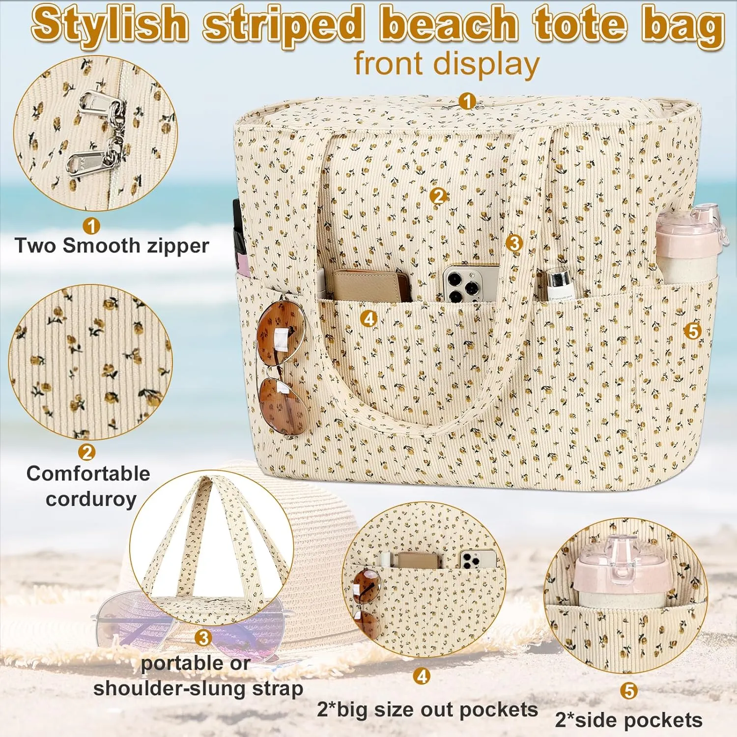 LOIDOU Large Tote Beach Bag Waterproof Sandproof Beach Pool bag with Zipper & Wet Pockets Shoulder Bag Travel Teacher Grocery
