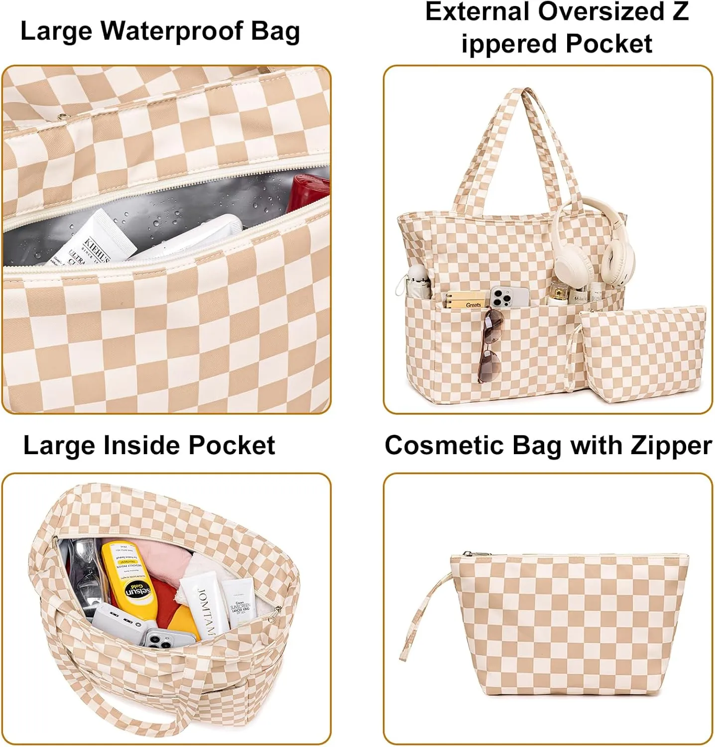 LOIDOU Large Tote Beach Bag Waterproof Sandproof Beach Pool bag with Zipper & Wet Pockets Shoulder Bag Travel Teacher Grocery