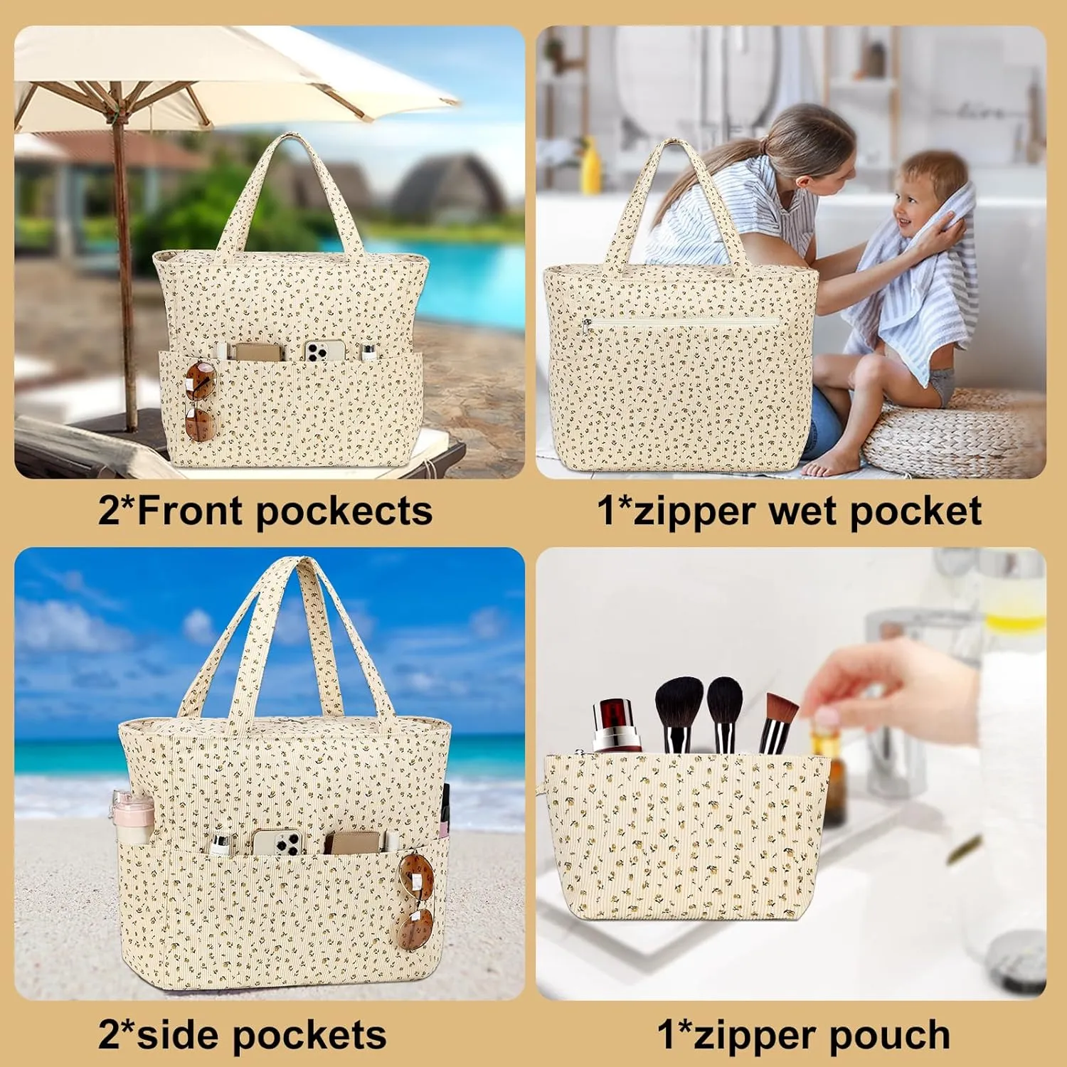 LOIDOU Large Tote Beach Bag Waterproof Sandproof Beach Pool bag with Zipper & Wet Pockets Shoulder Bag Travel Teacher Grocery