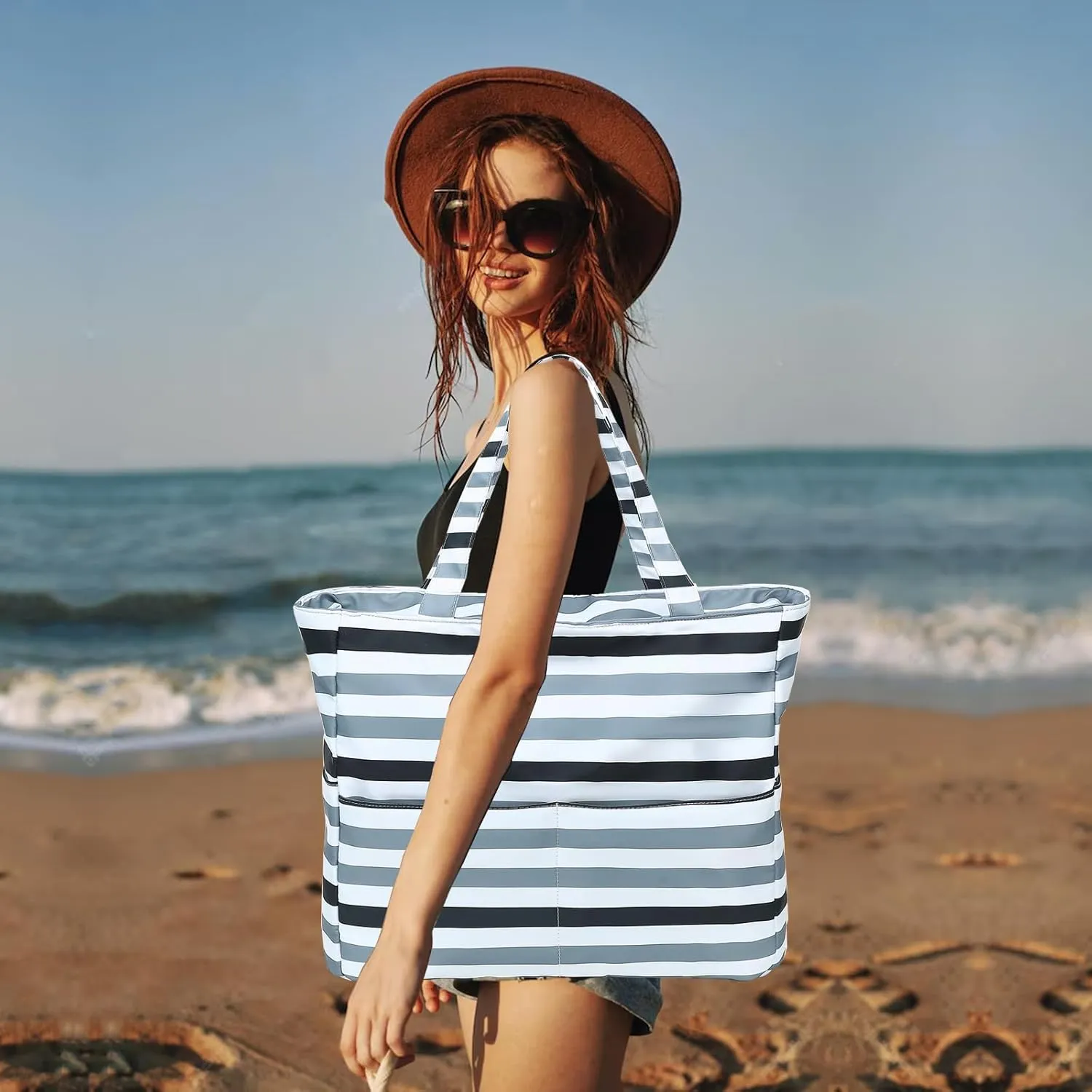 LOIDOU Large Tote Beach Bag Waterproof Sandproof Beach Pool bag with Zipper & Wet Pockets Shoulder Bag Travel Teacher Grocery