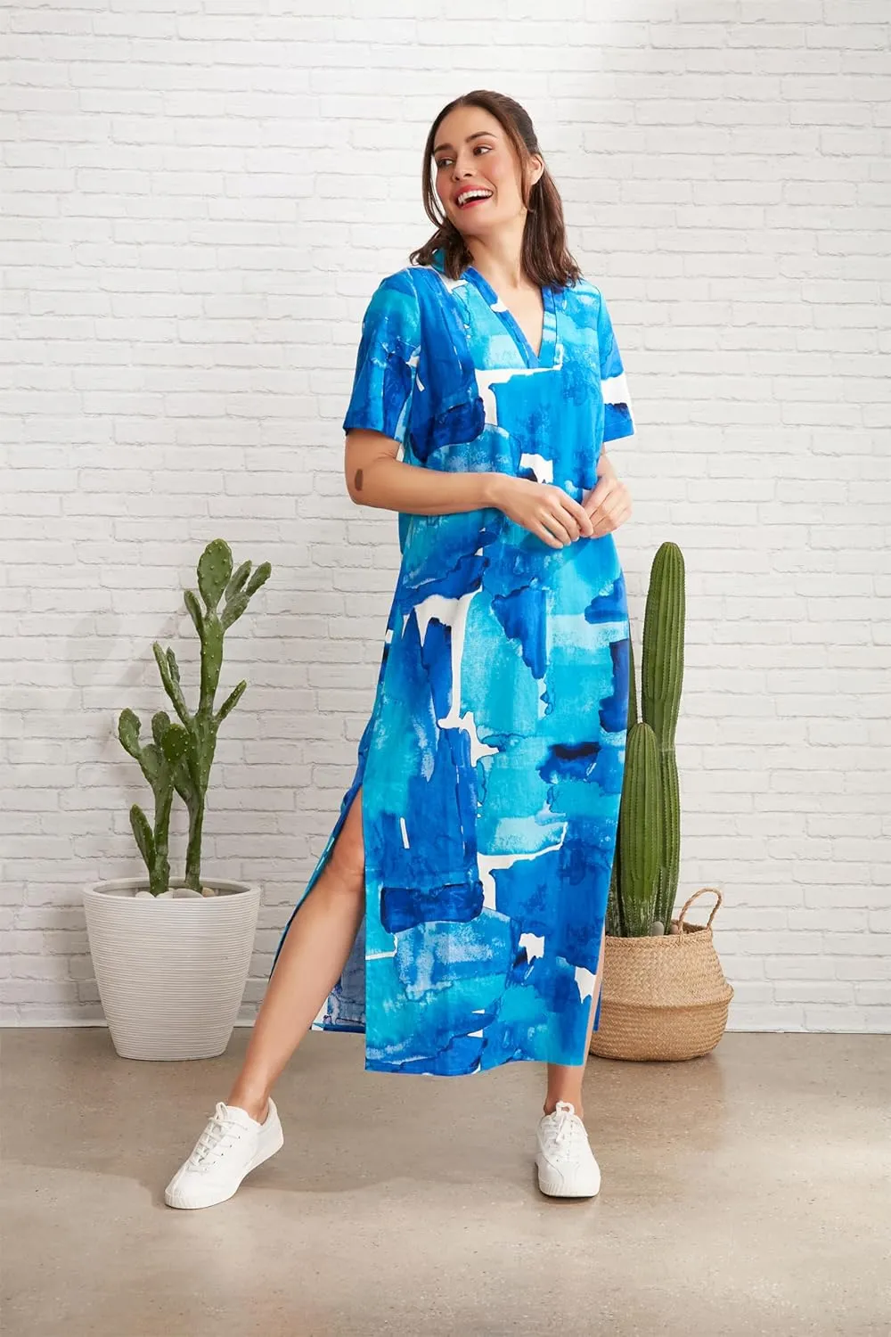 London Times Women's Linen Maxi, Collared V-Neck and Slits | Versatile Summer and Casual Dresses