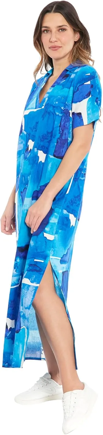 London Times Women's Linen Maxi, Collared V-Neck and Slits | Versatile Summer and Casual Dresses