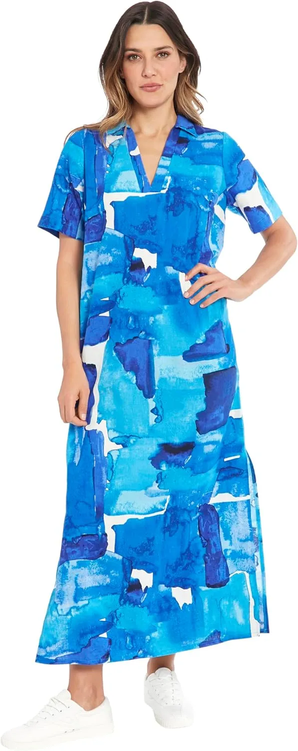 London Times Women's Linen Maxi, Collared V-Neck and Slits | Versatile Summer and Casual Dresses